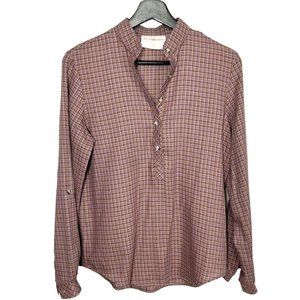 Vintage 70s Donnkenny Purple Brown Plaid Long Sleeve Half Button Up Top Medium